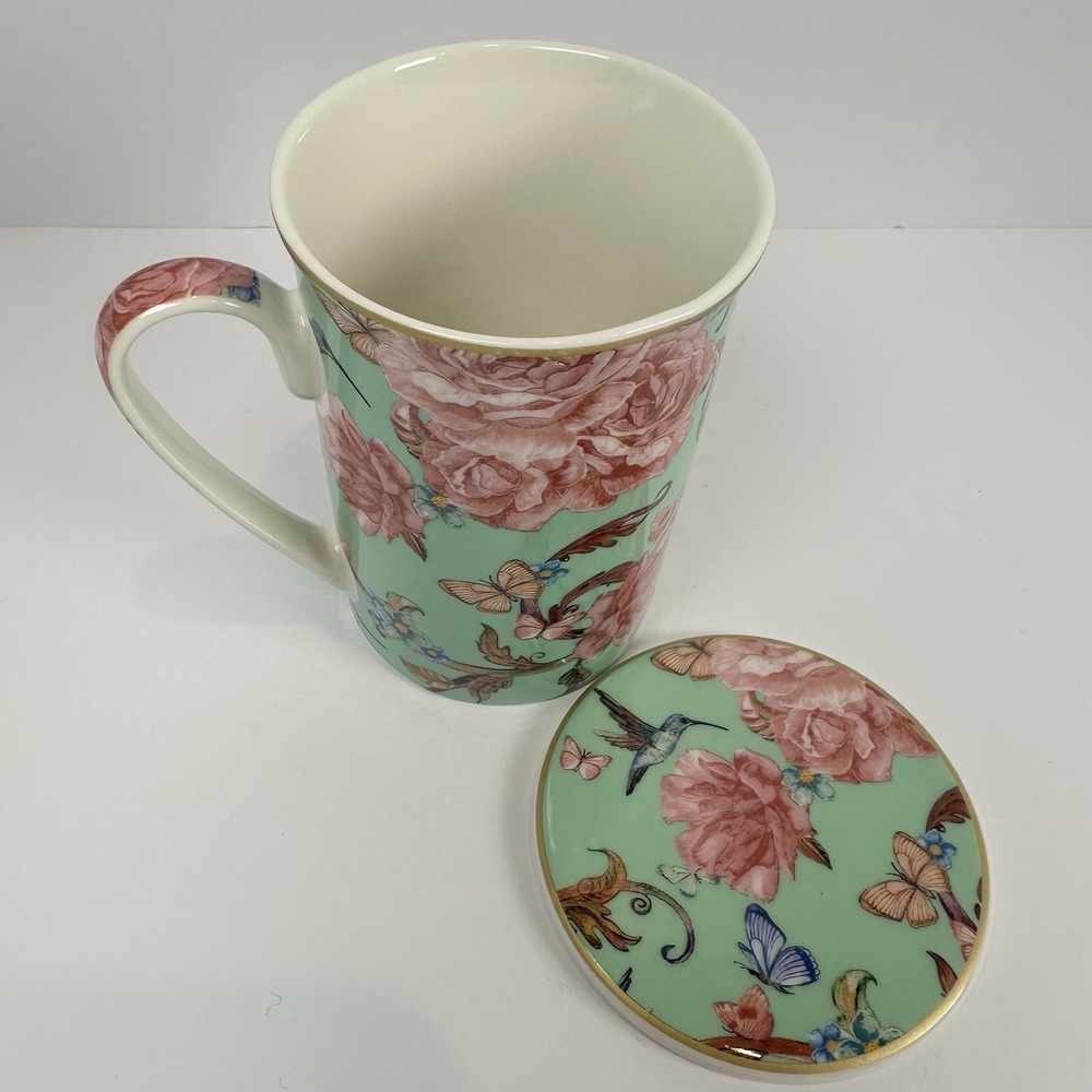Kent Pottery Floral Mug w Lid Infuser Set Hummingbird Butterfly Tea Cup Gift Box